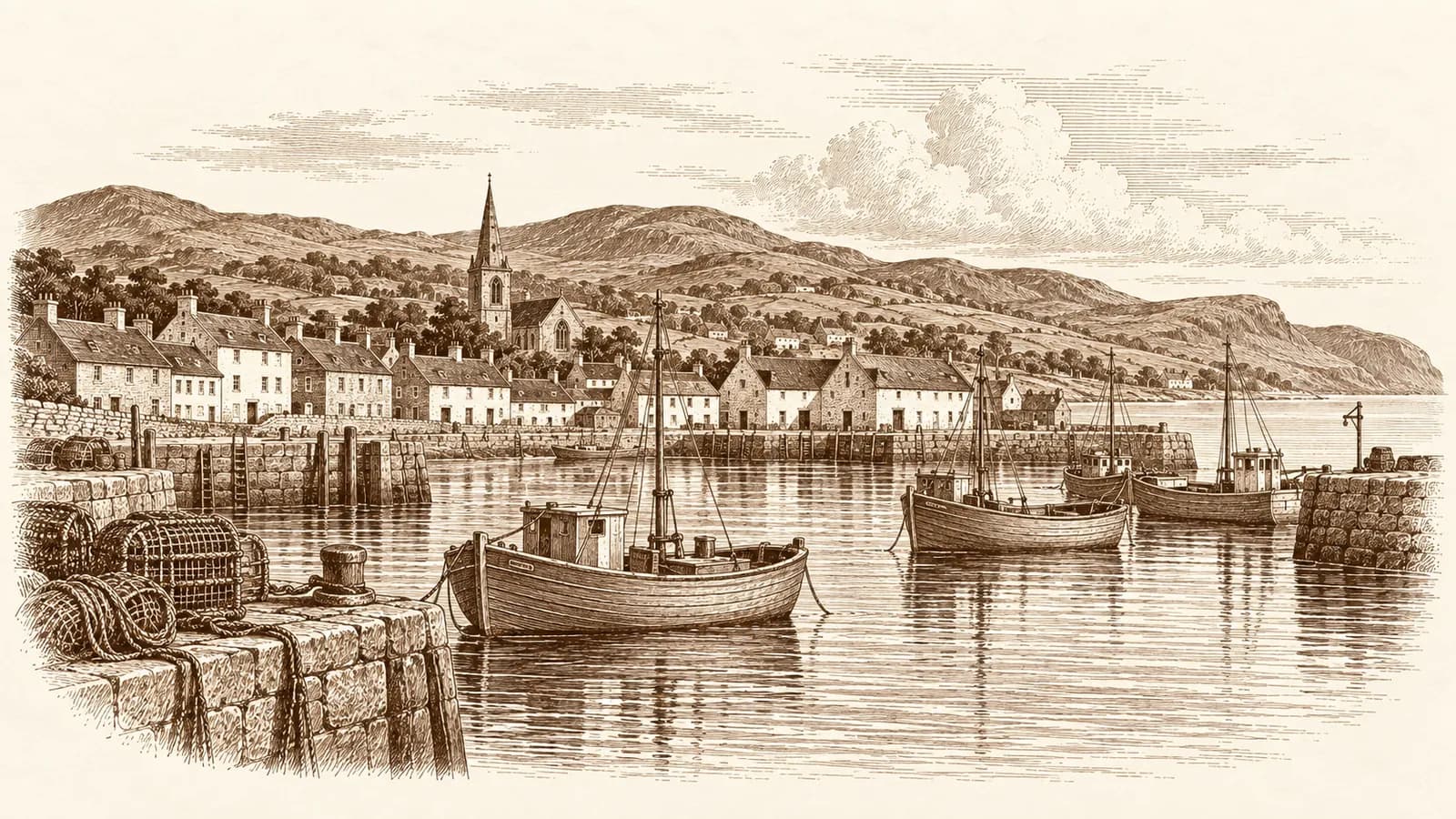 Etching of a harbour town with fishing boats