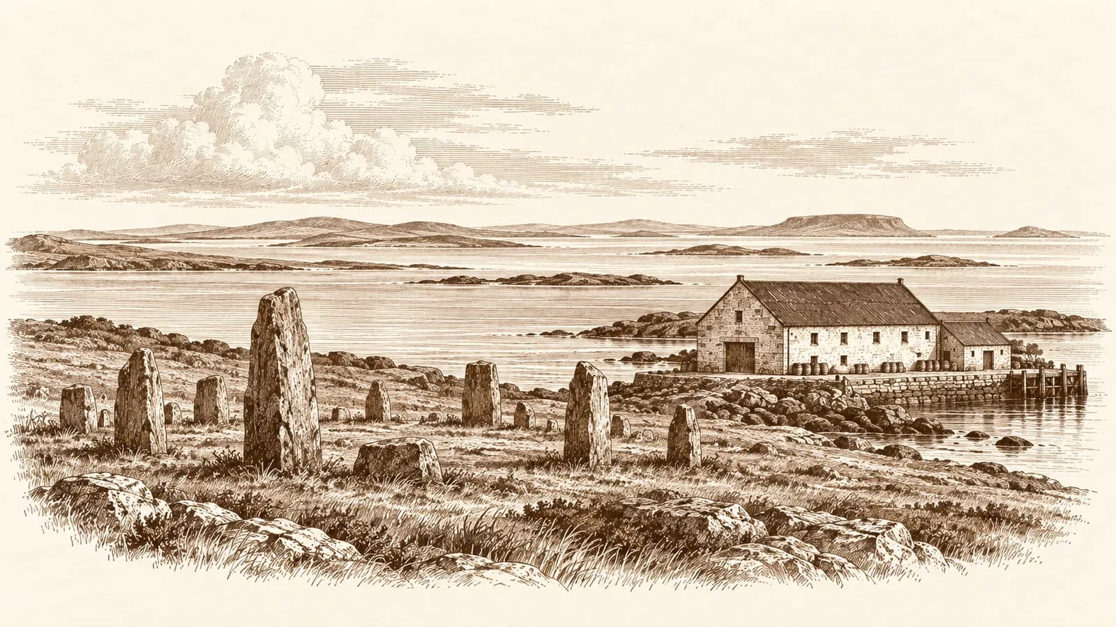 Etching of standing stones and low Orkney islands