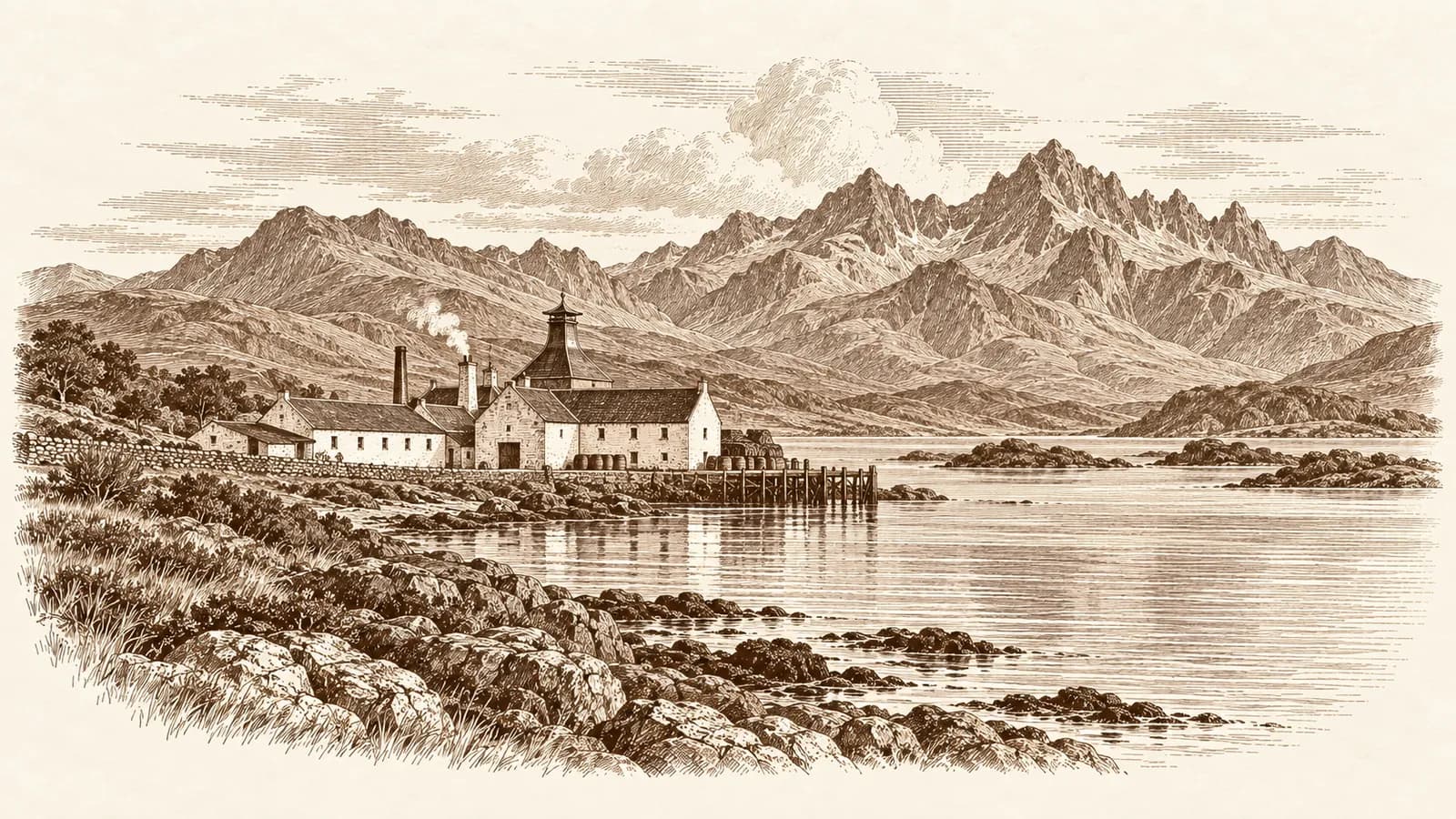 Etching of jagged Skye mountains above a sea loch